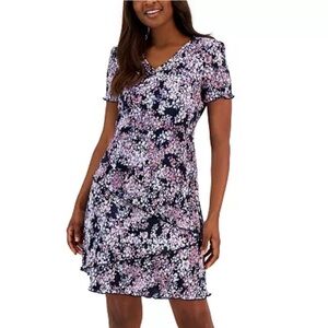 Connected Apparel Floral Mini Dress in Navy and Pink